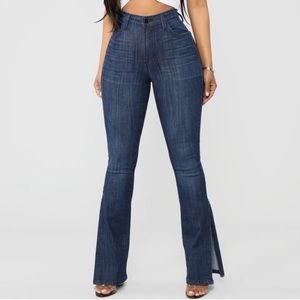 High Rise Dark Wash Slit Flare Denim Jeans, Size: 1